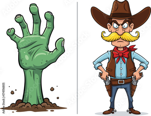 Cartoon zombie hand, cowboy character, horror western mashup, graveyard scene, animated style, playful design, spooky fun, gunslinger, Halloween art