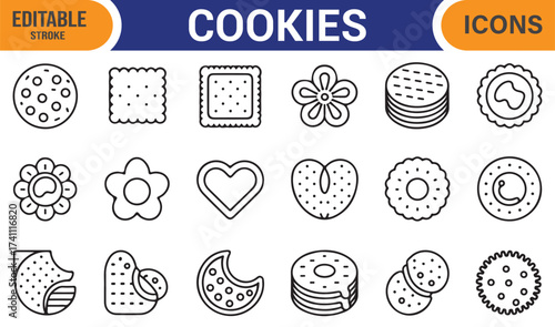 Baking ingredient and cookie icon collection, minimal vector line design for confectionery use