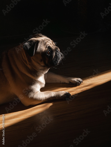 Lonely pug dog lies on the floor in a dark room and looks towards the light