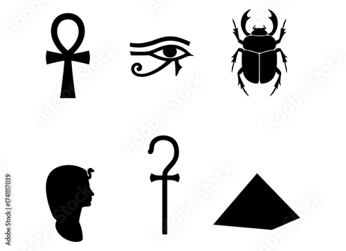 Ancient Egyptian Symbols Ankh, Eye of Horus, Scarab, Pyramid, and Pharaoh Silhouette Illustration