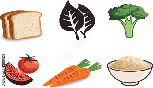Healthy food choices featuring bread spinach broccoli tomato carrots and rice for balanced nutrition