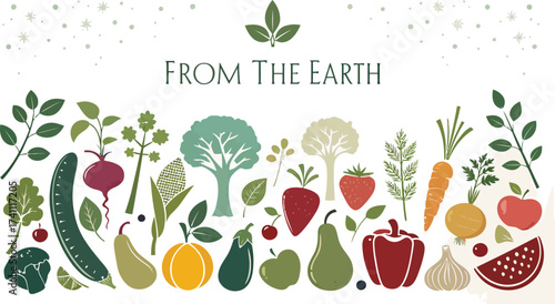 Fresh vegetables and fruits arranged in a colorful border with a natural organic theme design