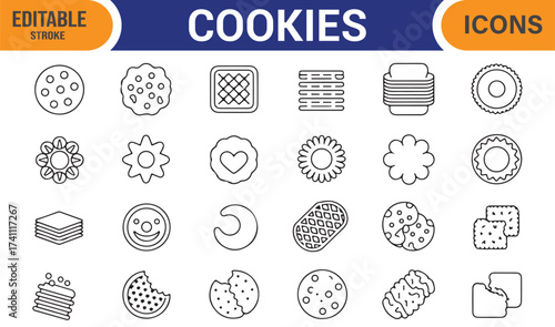 Baking and dessert icon pack, editable stroke vector of biscuits and sweet treats