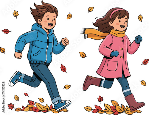 Children in autumn, running through leaves, fall season joy, outdoor play, colorful foliage, pink coat, blue jacket, windy day, nature fun