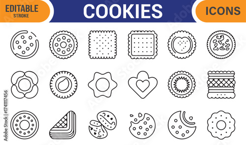 Editable line vector icons of cookies and biscuits, minimal dessert and confectionery symbols