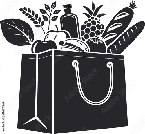 Grocery bag overflowing with fresh produce and goods in a black and white vector illustration