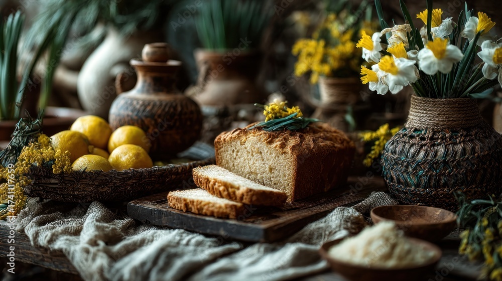 Fototapeta premium Rustic Breakfast Still Life with Homemade Bread, Lemons and Yellow Flowers