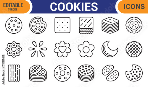 Cookies icons set, editable stroke vector of biscuits, sweets, and baked dessert symbols