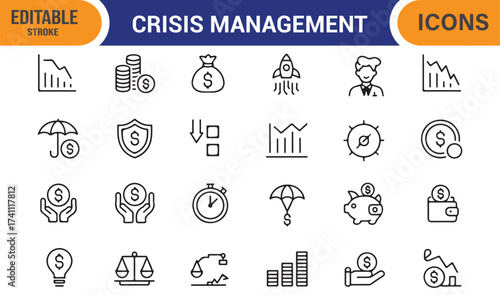 Business management and crisis control icon set, editable vector symbols for corporate use