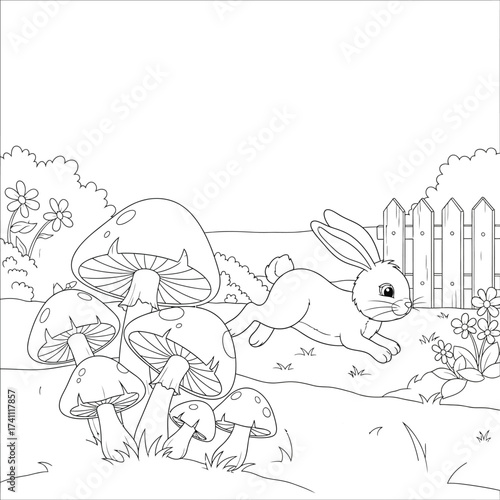 Adorable cartoon rabbit hopping through a whimsical garden scene with a cluster of mushrooms, flowers, and a fence, a delightful black and white outline illustration for children's coloring books