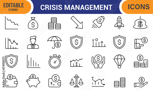 Crisis and business management line vector icons, minimal editable stroke symbols