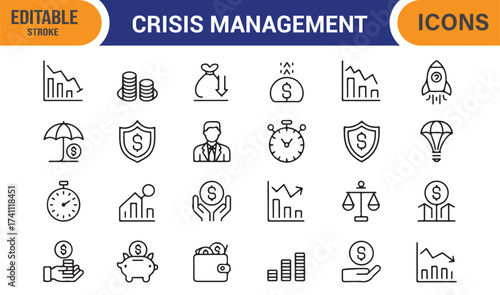 Finance and risk management vector icons, editable outline set for corporate planning design
