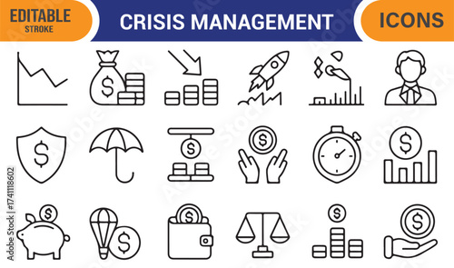 Crisis management icons set, editable stroke vector of business, finance, and risk control symbols