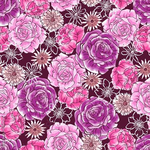 Pink and Purple Watercolor Roses Vector Seamless Pattern