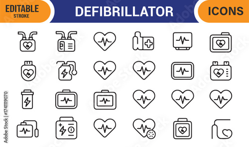 Defibrillator and medical equipment vector icons, clean outline design for hospital themes