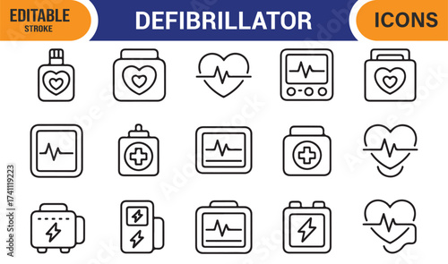 Emergency medical defibrillator icon set, editable stroke symbols for cardiac life support