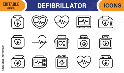 AED and ECG machine icons collection, minimal line vector for hospital and medical illustration