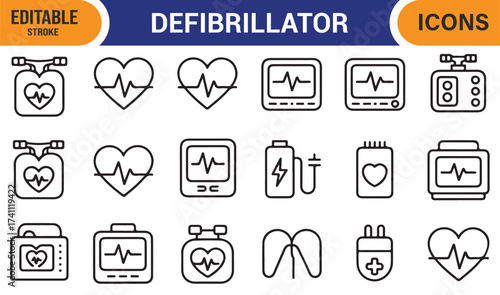 Medical heart monitor vector icons, outline defibrillator pack for healthcare and emergency design
