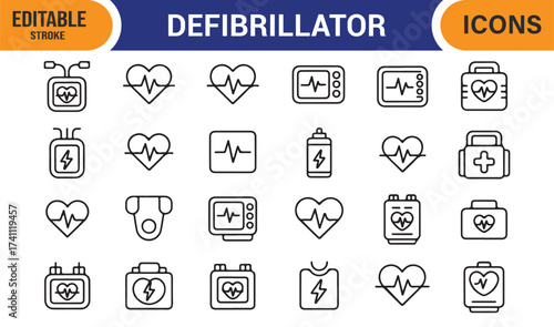Defibrillator icons set, editable stroke vector of AED, heart monitor, and cardiac equipment