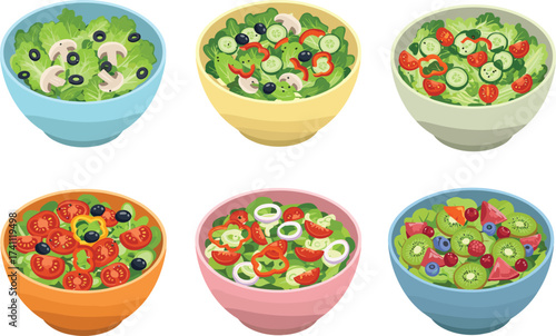 Colorful salad bowls, fresh vegetables, healthy food, fruits, lettuce, tomatoes, cucumber, berries, nutrition, meal planning, culinary illustration