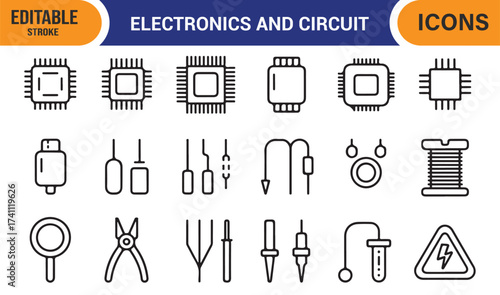 Electrical system line vector pack, editable stroke icons of hardware tools and wiring parts