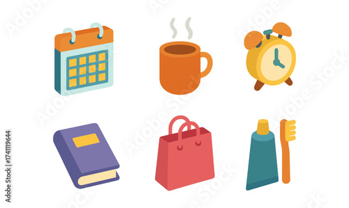 Colorful isometric icons of everyday objects featuring calendar, coffee, and alarm clock