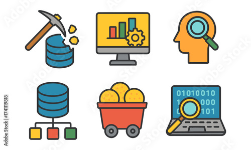 Colorful flat icons representing data mining and database concepts
