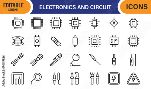 Microchip vector icons collection, editable stroke line art of circuit and power elements