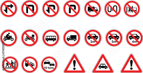 Road traffic signs collection, prohibition and warning signals, no parking and no entry, safety regulations icons, transportation rules vector, driving restriction board illustration