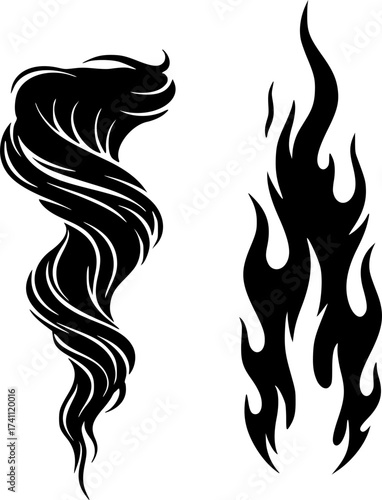 Black Vector Silhouette: Pillar of Fire and Cloud	A conceptual black vector silhouette depicting two distinct vertical shapes: one representing a swirling pillar of smoke/cloud and the other represent