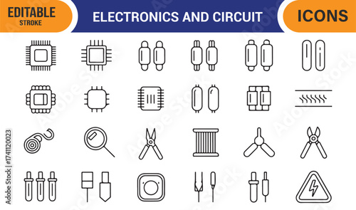 Electronic components icon set, editable vector of resistors, capacitors, and connectors