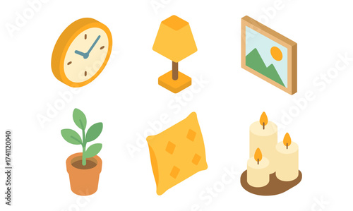 Isometric home decor essentials: clock, lamp, art, plant, pillow, candles