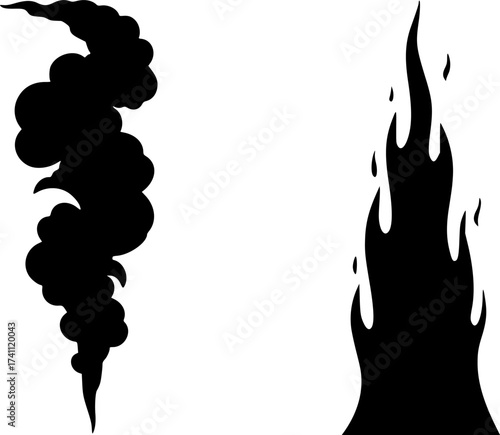 Black Vector Silhouette: Pillar of Fire and Cloud	A conceptual black vector silhouette depicting two distinct vertical shapes: one representing a swirling pillar of smoke/cloud and the other represent