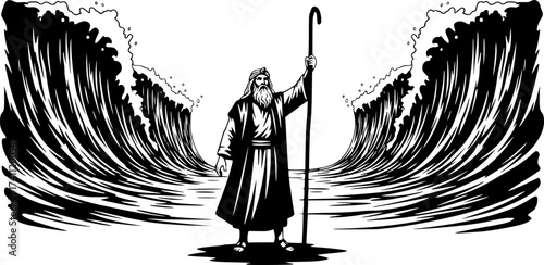 Black Vector Silhouette: Moses Parting the Red Sea	A dramatic black vector silhouette depicting Moses standing on a shore with his staff raised, facing the sea, 