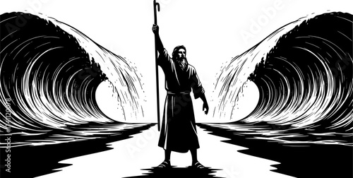 Black Vector Silhouette: Moses Parting the Red Sea	A dramatic black vector silhouette depicting Moses standing on a shore with his staff raised, facing the sea, 