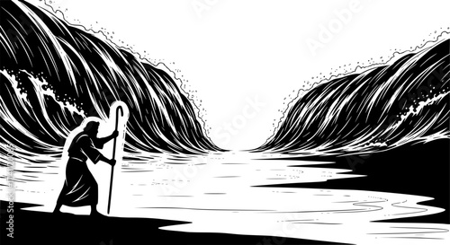 Black Vector Silhouette: Moses Parting the Red Sea	A dramatic black vector silhouette depicting Moses standing on a shore with his staff raised, facing the sea, 