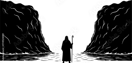 Black Vector Silhouette: Moses Parting the Red Sea	A dramatic black vector silhouette depicting Moses standing on a shore with his staff raised, facing the sea, 