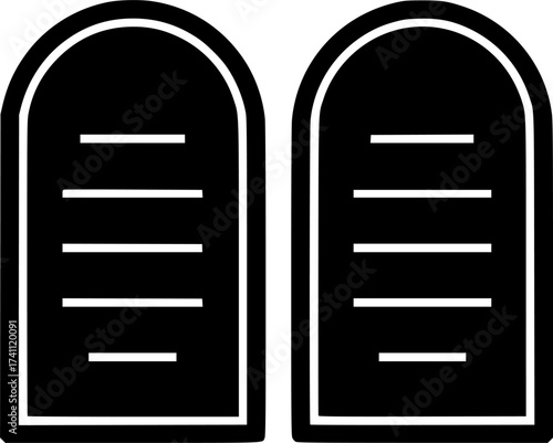 Black Vector Silhouette: Tablet of Ten Commandments	A strong, clear black vector silhouette of two arched stone tablets, clearly representing the Ten Commandments.