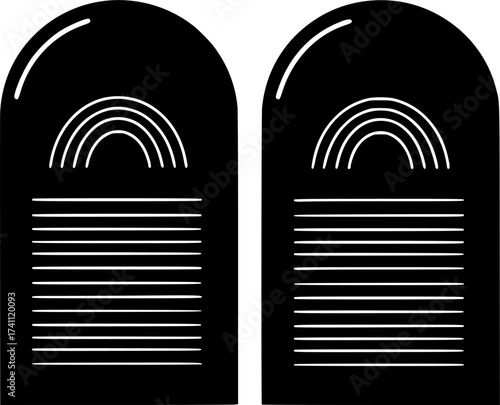 Black Vector Silhouette: Tablet of Ten Commandments	A strong, clear black vector silhouette of two arched stone tablets, clearly representing the Ten Commandments.