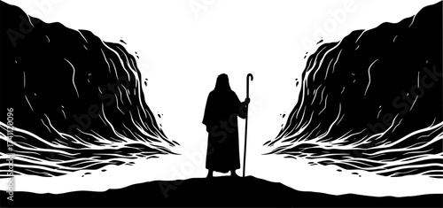 Black Vector Silhouette: Moses Parting the Red Sea	A dramatic black vector silhouette depicting Moses standing on a shore with his staff raised, facing the sea, 