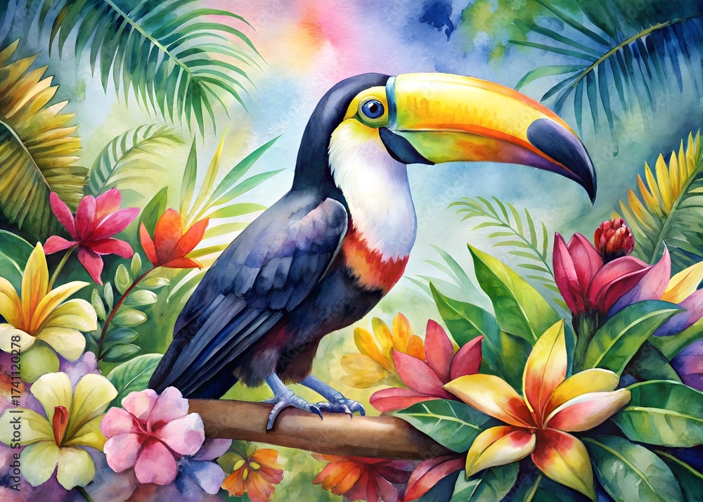 Obraz premium Watercolor painting of a toucan perched on a branch amidst tropical flowers and foliage, a vibrant jungle scene