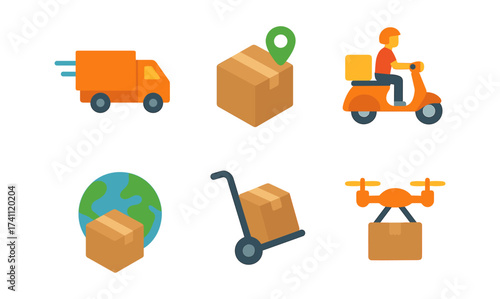 Flat delivery icons featuring truck, scooter, drone, and package