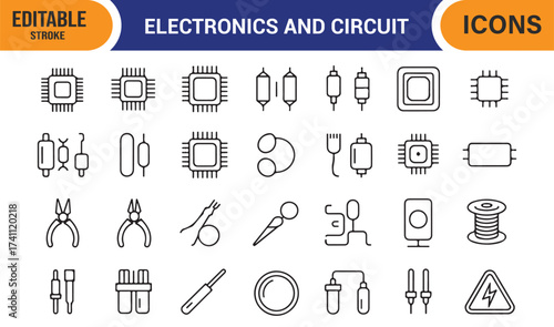 Circuit board and electronics vector icons collection, minimal line style for technology themes