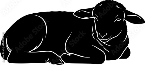 Black Vector Silhouette: Lamb of God Resting	A gentle black vector silhouette of a lamb resting peacefully. Often used symbolically as the Lamb of God (Agnus Dei), representing innocence, sacrifice