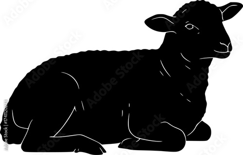 Black Vector Silhouette: Lamb of God Resting	A gentle black vector silhouette of a lamb resting peacefully. Often used symbolically as the Lamb of God (Agnus Dei), representing innocence, sacrifice