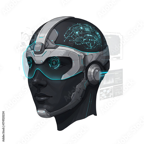 Futuristic cyborg head with advanced helmet and VR glasses, glowing cyan electronic circuits inside