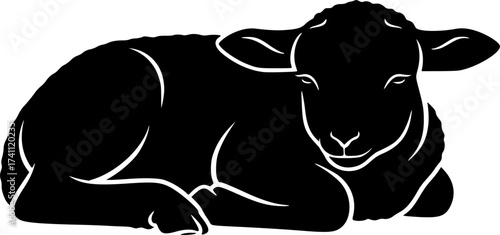 Black Vector Silhouette: Lamb of God Resting	A gentle black vector silhouette of a lamb resting peacefully. Often used symbolically as the Lamb of God (Agnus Dei), representing innocence, sacrifice