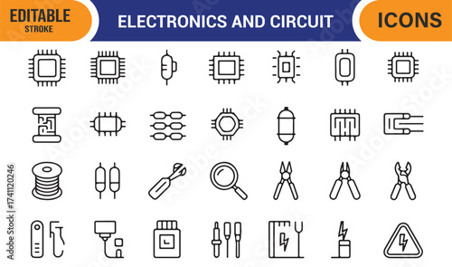 Microchip and circuit outline vector icons, editable stroke symbols for tech design projects