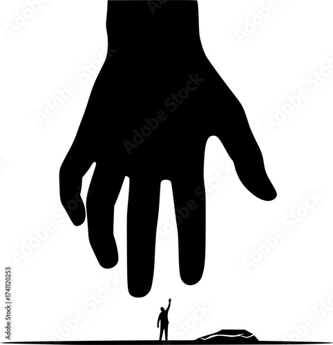 Black Vector Silhouette: Hand Reaching Down (Divine Intervention)	A symbolic black vector silhouette of a large, disembodied hand reaching down from the top of the frame towards a small human figure 