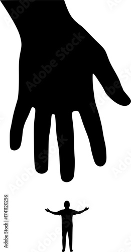Black Vector Silhouette: Hand Reaching Down (Divine Intervention)	A symbolic black vector silhouette of a large, disembodied hand reaching down from the top of the frame towards a small human figure 